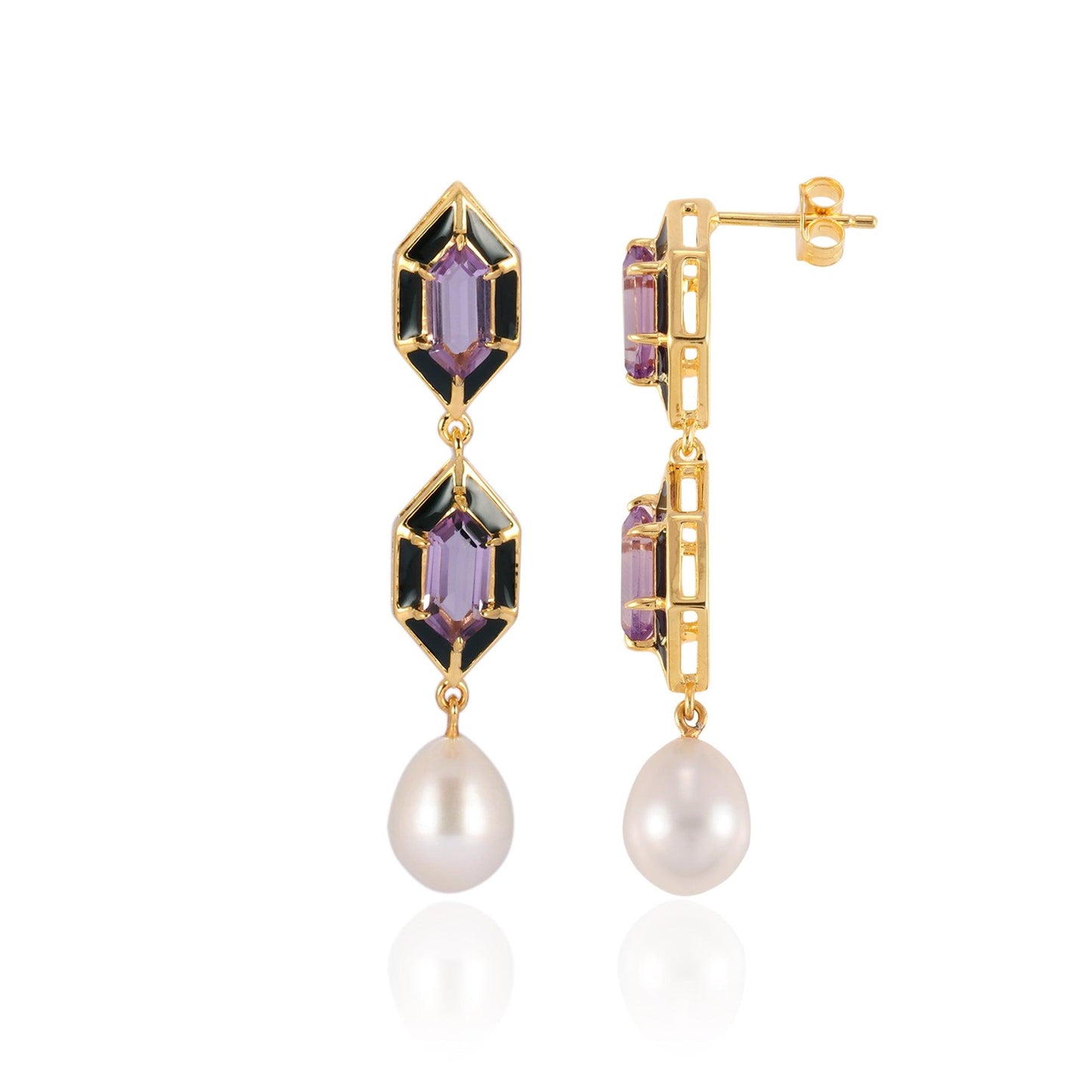 Noor Hexagon Amethyst And Pearl Earrings 18k Gold Vermeil