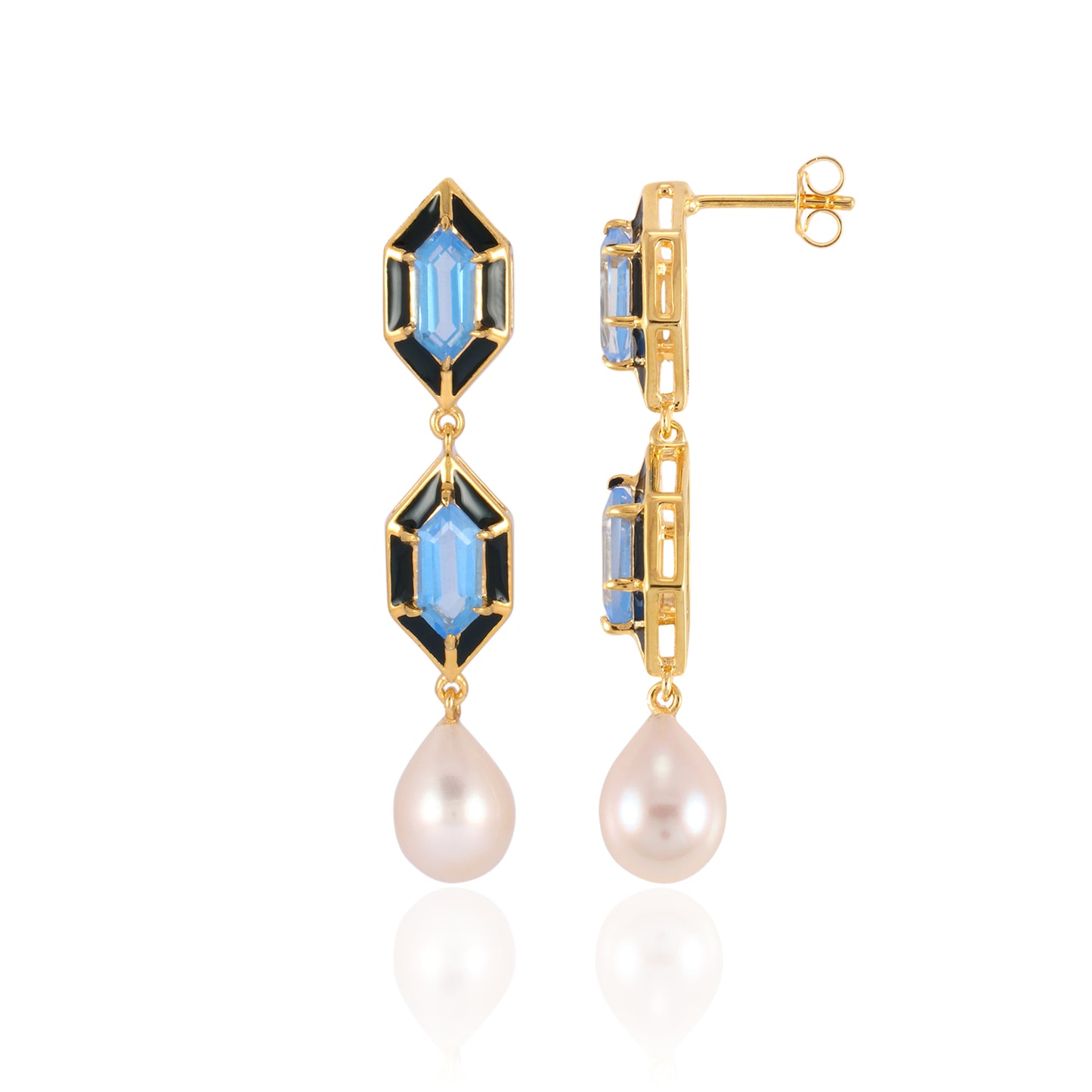 Noor Hexagon Blue Topaz And Pearl Earrings 18k Gold Vermeil