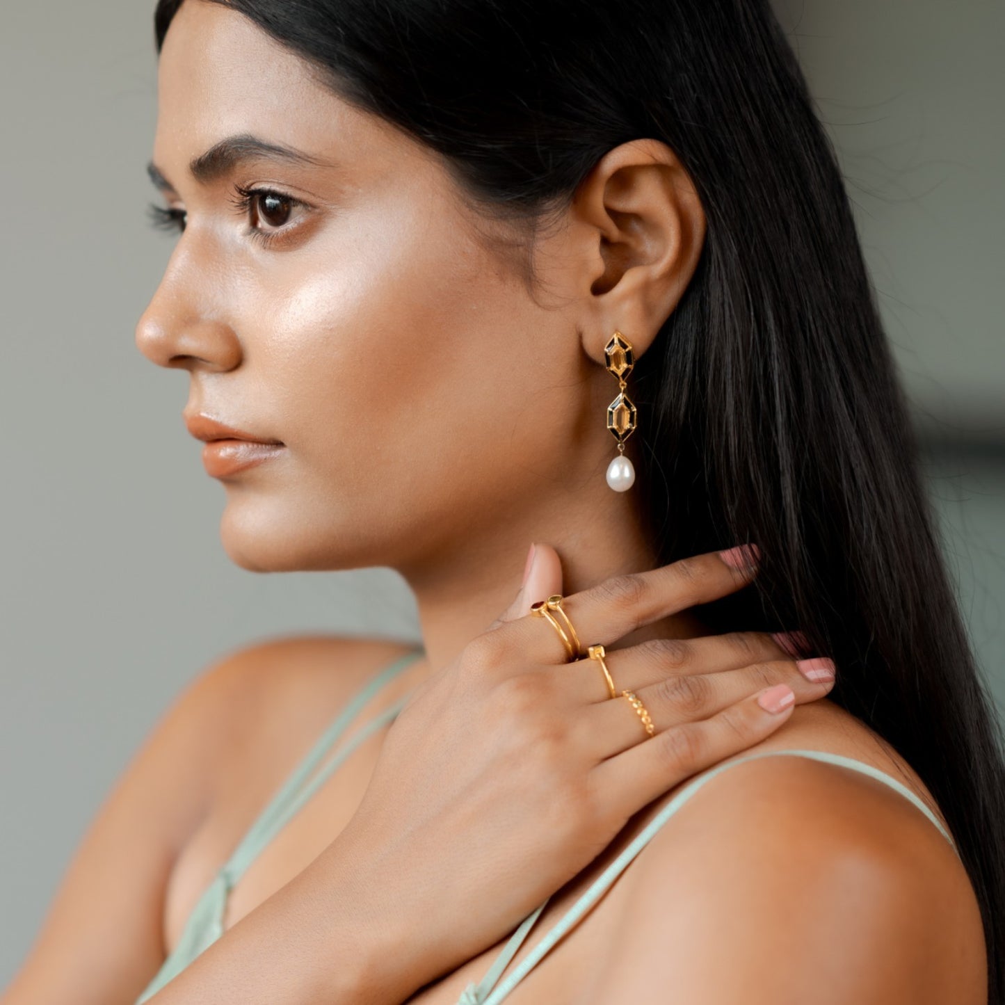 Noor Hexagon Citrine And Pearl Earrings 18k Gold Vermeil