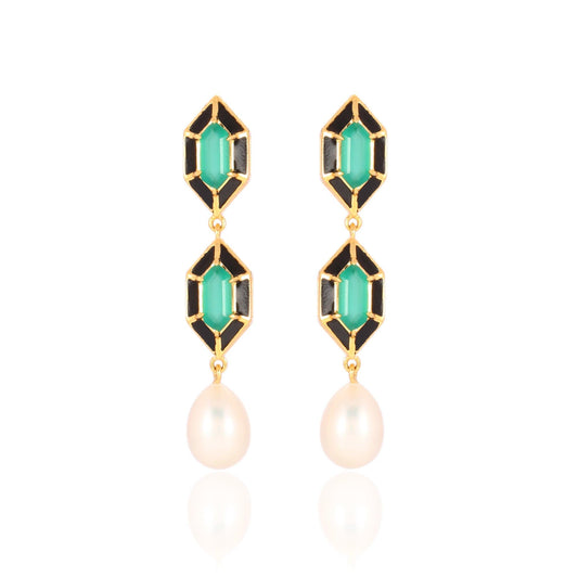 Noor Hexagon Green Onyx And Pearl Earrings 18k Gold Vermeil