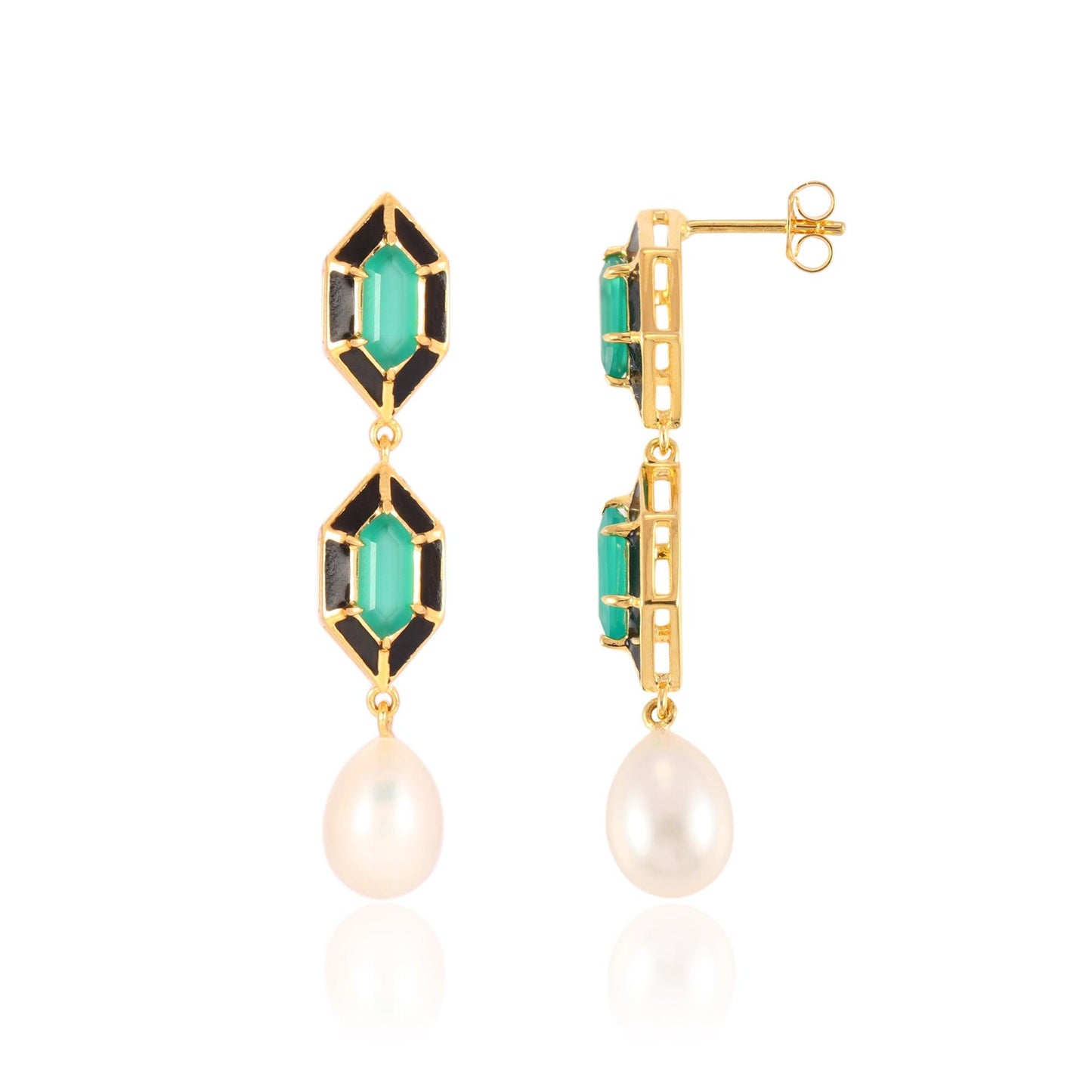 Noor Hexagon Green Onyx And Pearl Earrings 18k Gold Vermeil