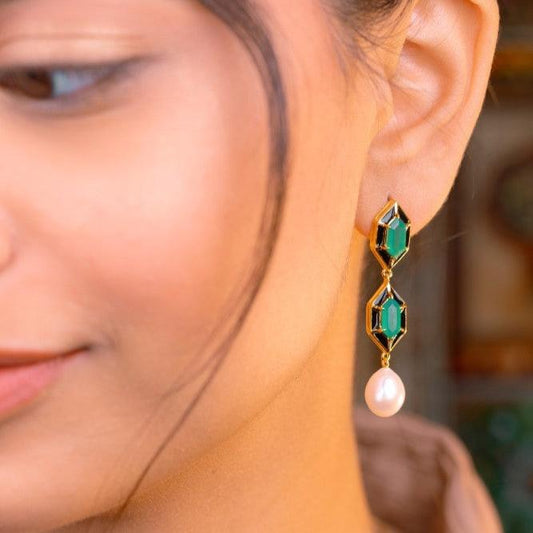 Noor Hexagon Green Onyx And Pearl Earrings 18k Gold Vermeil
