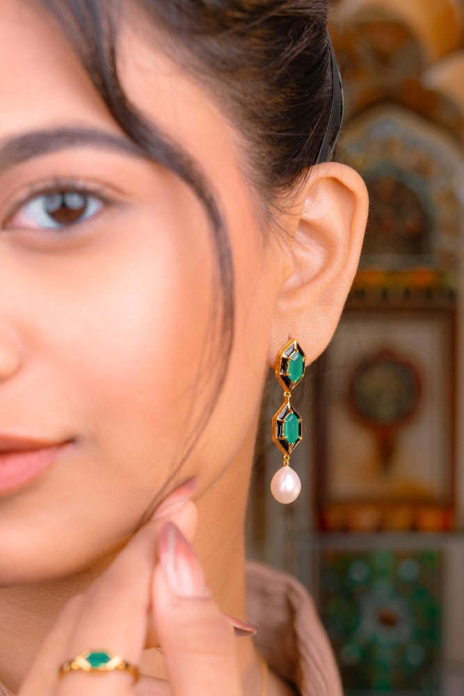 Noor Hexagon Green Onyx And Pearl Earrings 18k Gold Vermeil