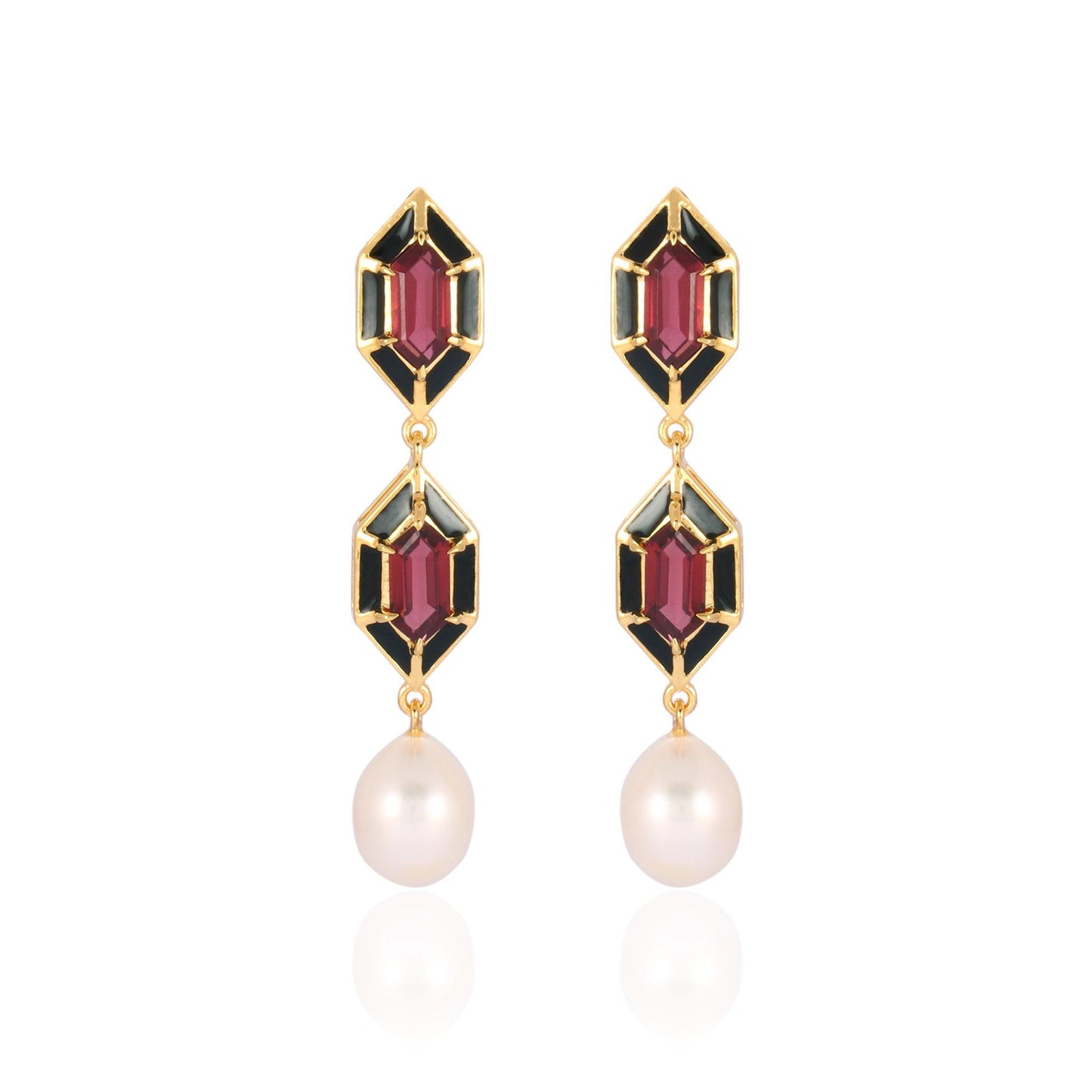 Noor Hexagon Garnet And Pearl Earrings 18k Gold Vermeil