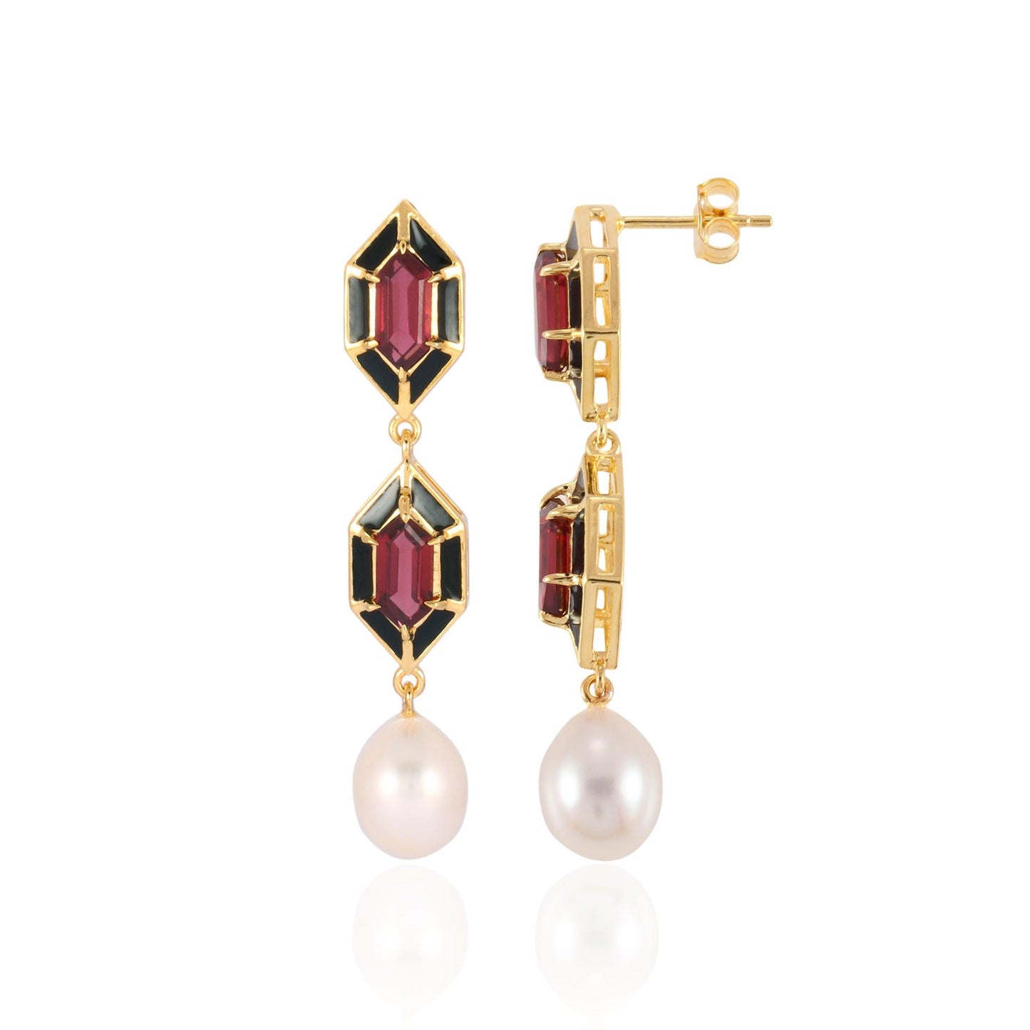 Noor Hexagon Garnet And Pearl Earrings 18k Gold Vermeil