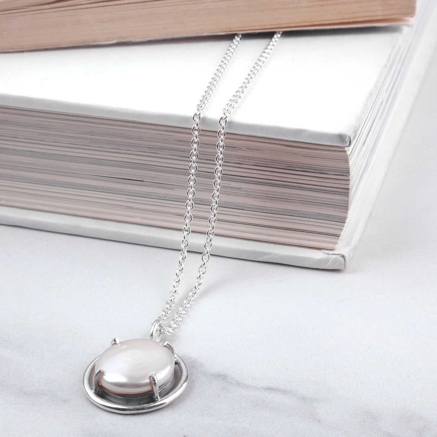 Long Necklace with Coin Pearl - Streling Silver