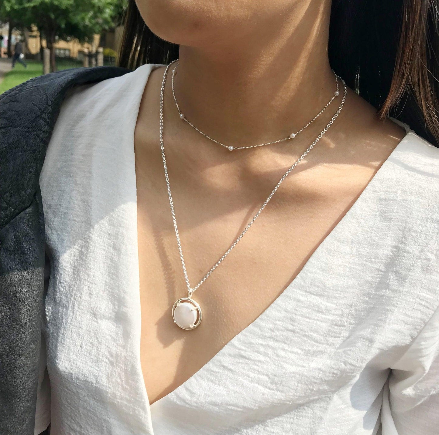 Long Necklace with Coin Pearl - Streling Silver